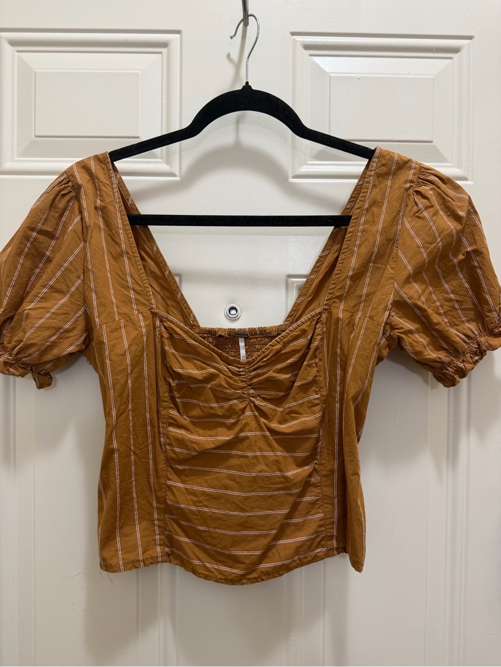 Free People Rust Striped Puff Sleeve Square-Neck Blouse